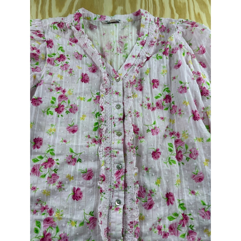 Nanette Lepore Pink Floral Swiss Dot Ruffle Lace V-Neck Blouse Medium - Picture 7 of 7